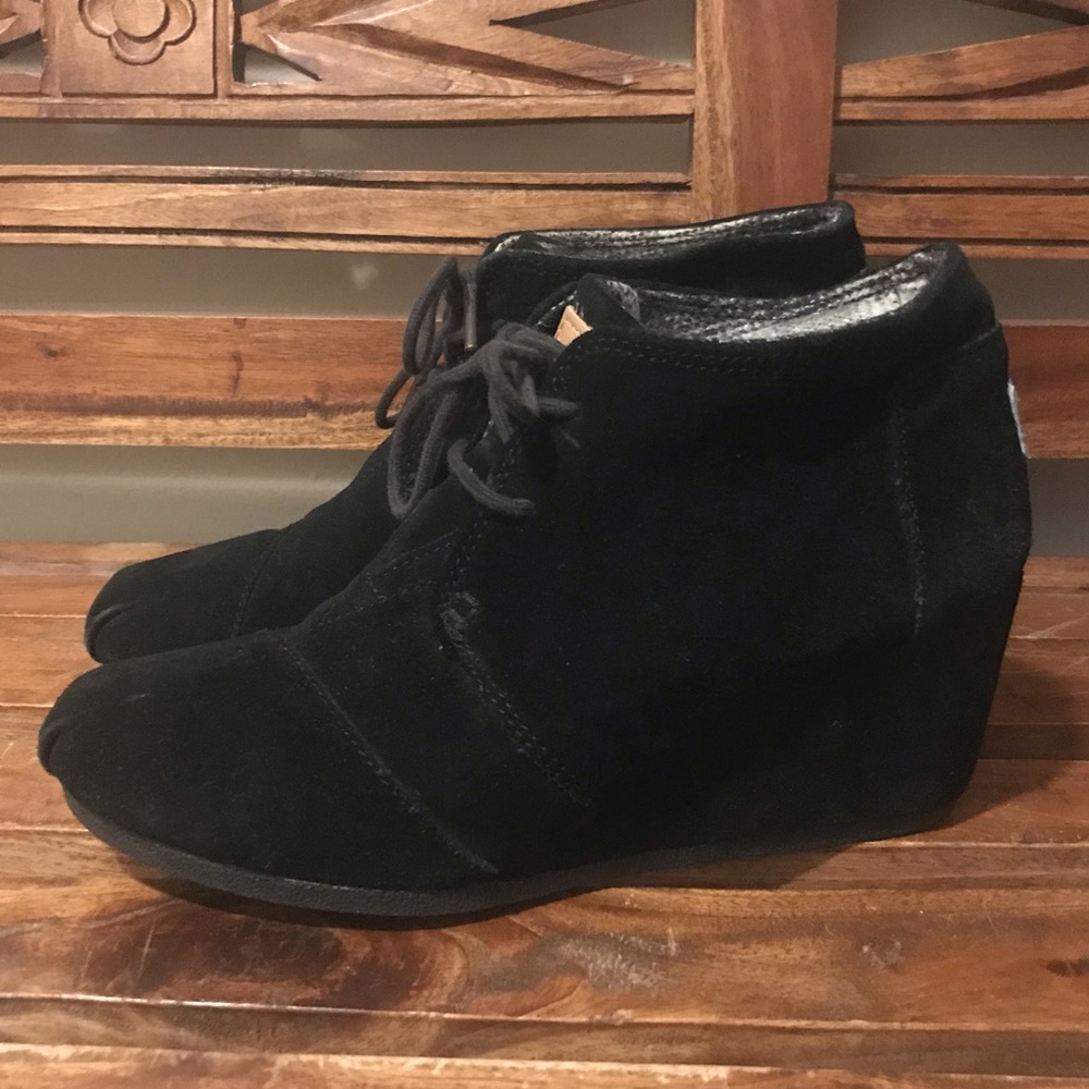 TOMS Desert Black Suede Wedge Booties